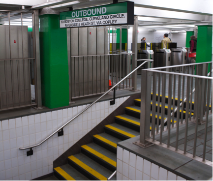 Images of a stairway in a greenline station.